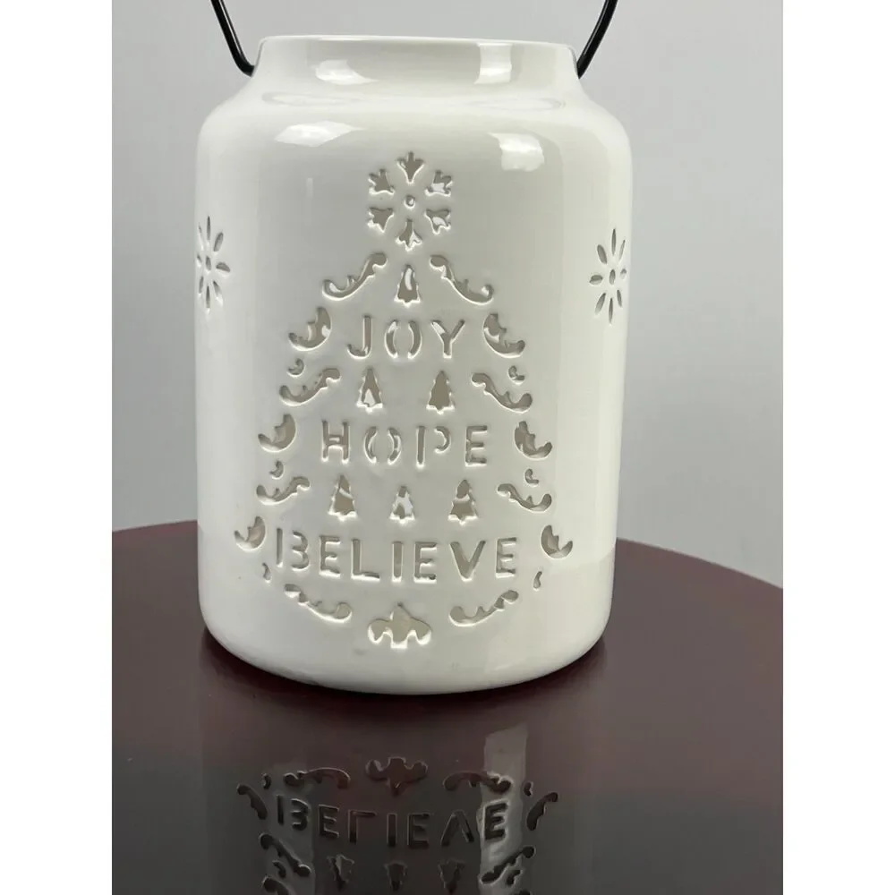 White Ceramic Christmas Lantern Cutout Tree Joy Hope Believe Luminary EUC